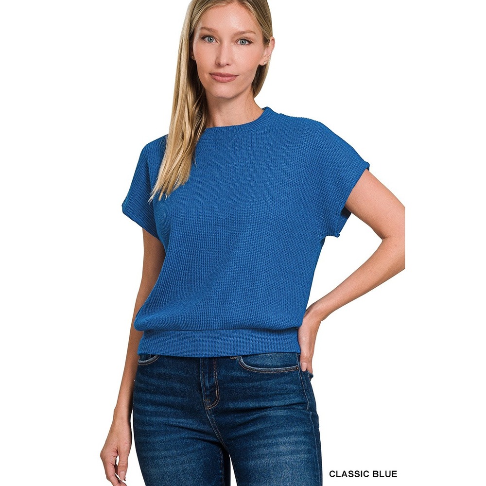 294-M Zenana Waffle Knit Sweater Top Women Classic Blue Short Sleeve Relaxed
